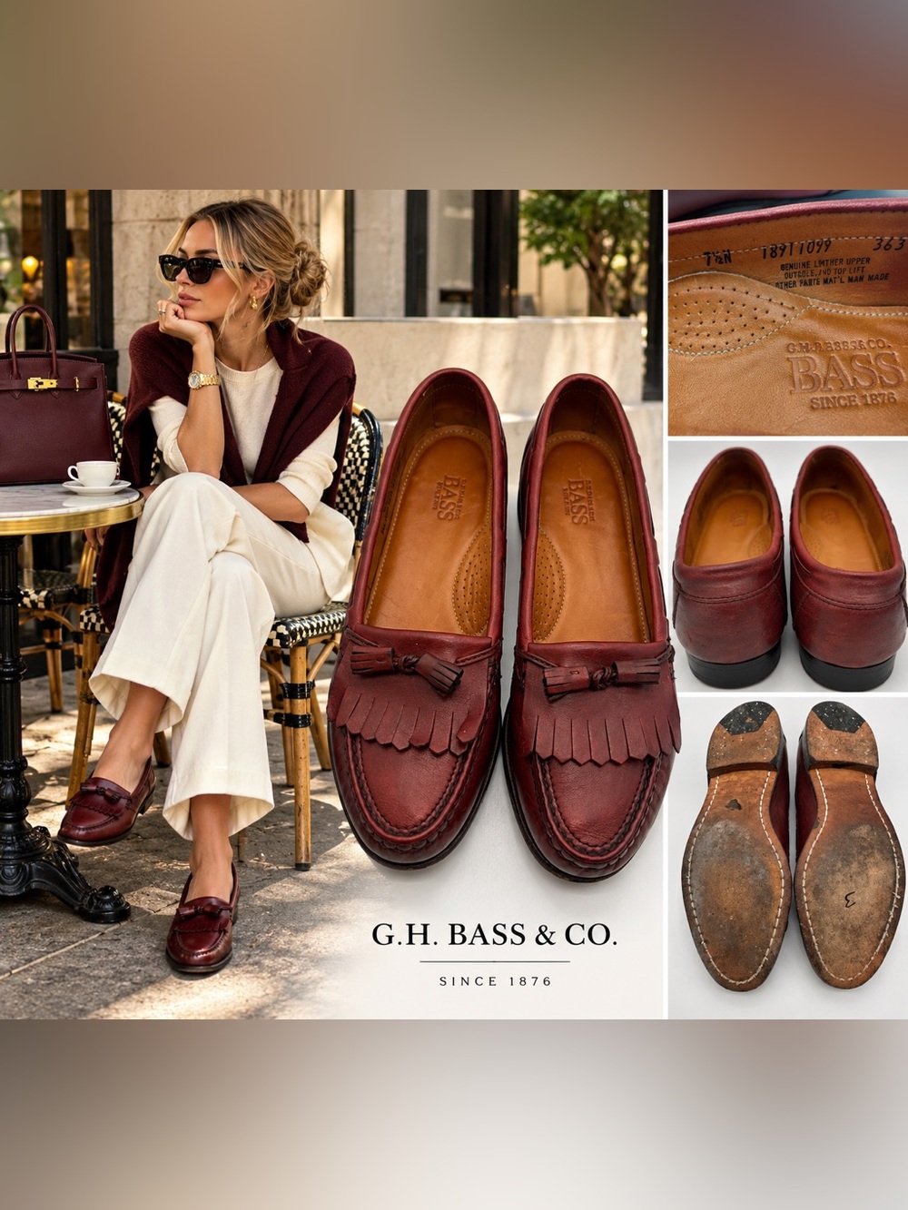 G.H. Bass Burgundy Leather Kiltie Tassel Loafers Preppy Old Money 7.5N
